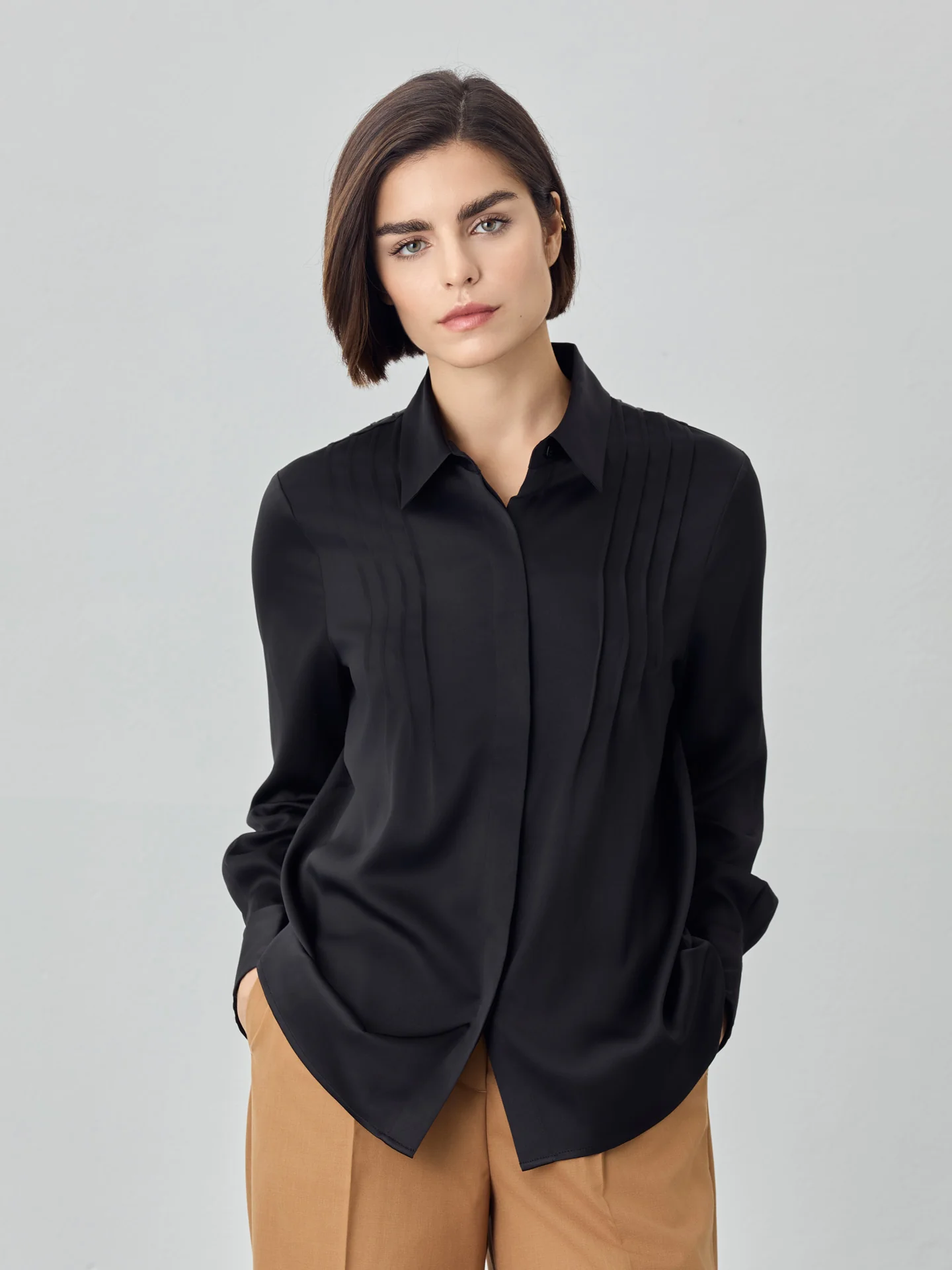 Blouse In Satin Fabric With Pleats Details - Image 5