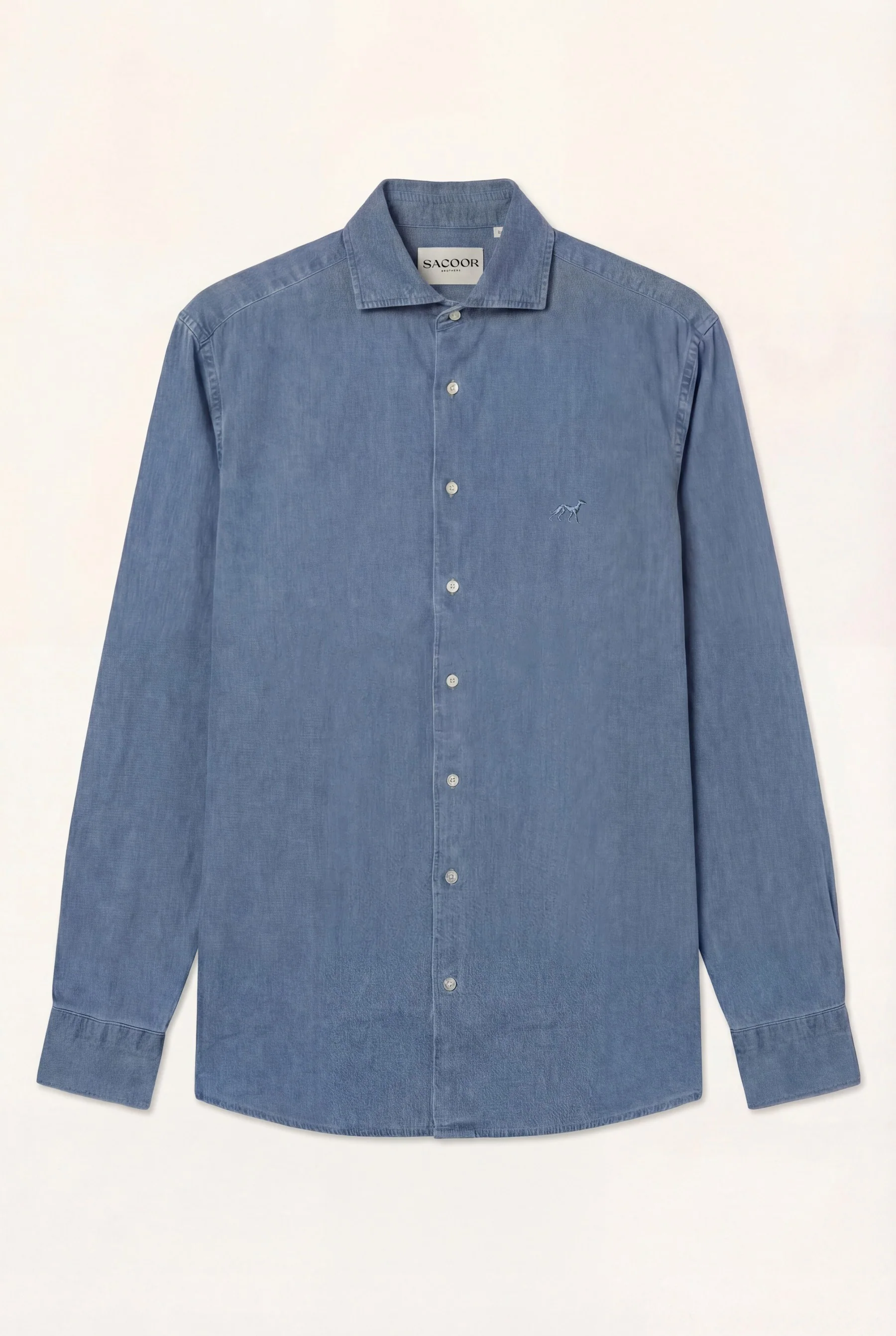 Slim Fit Jacquard Denim Shirt With Open Collar - Image 6